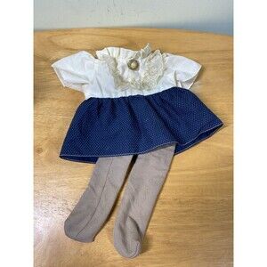 Vtg 1993 Tender Heart Treasures Cream & Blue Polka Dot Dress w/Stockings Read